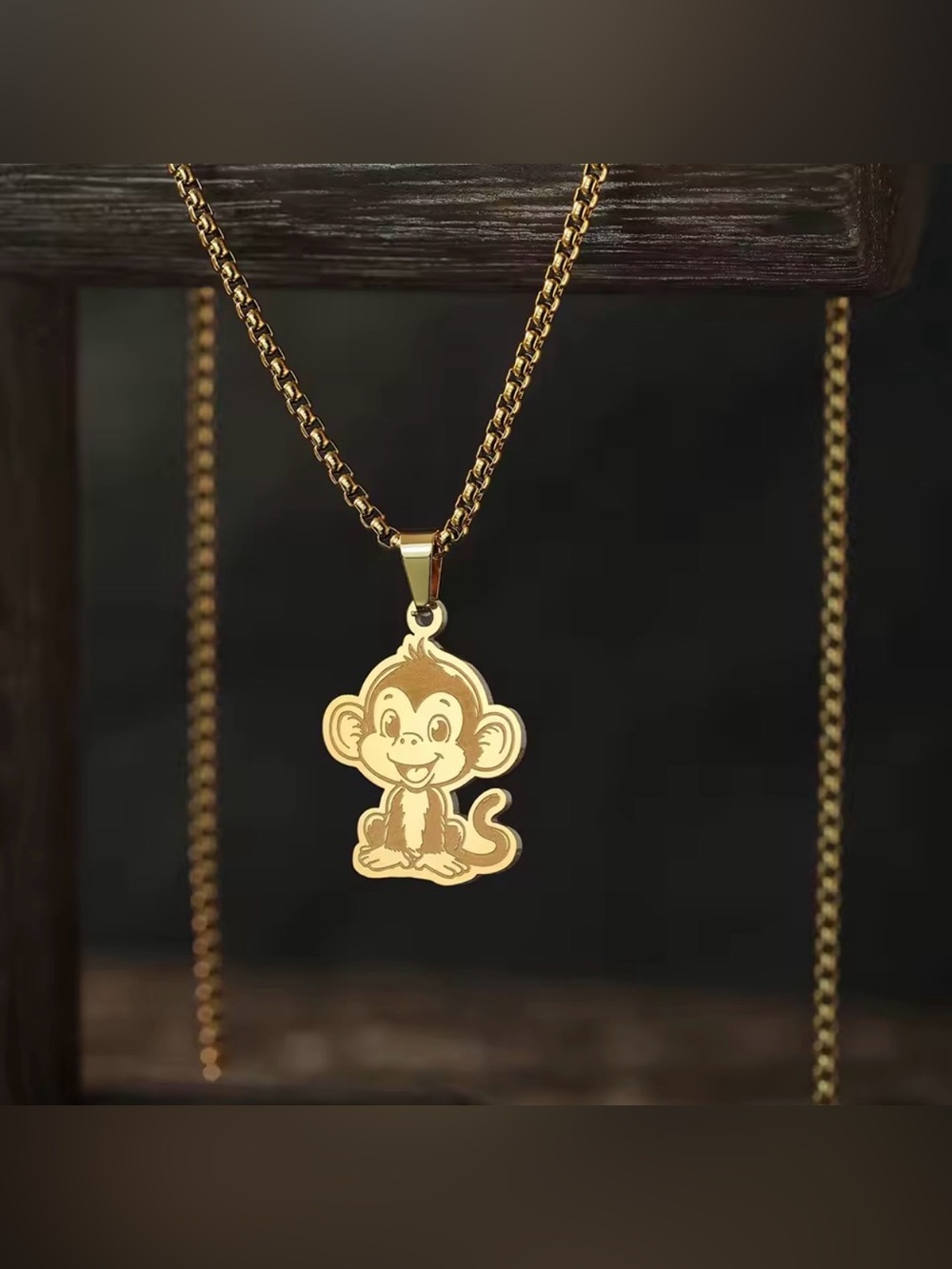 18K Gold Monkey Pendant Necklace Chinese Zodiac Year No Fade Character Unisex
